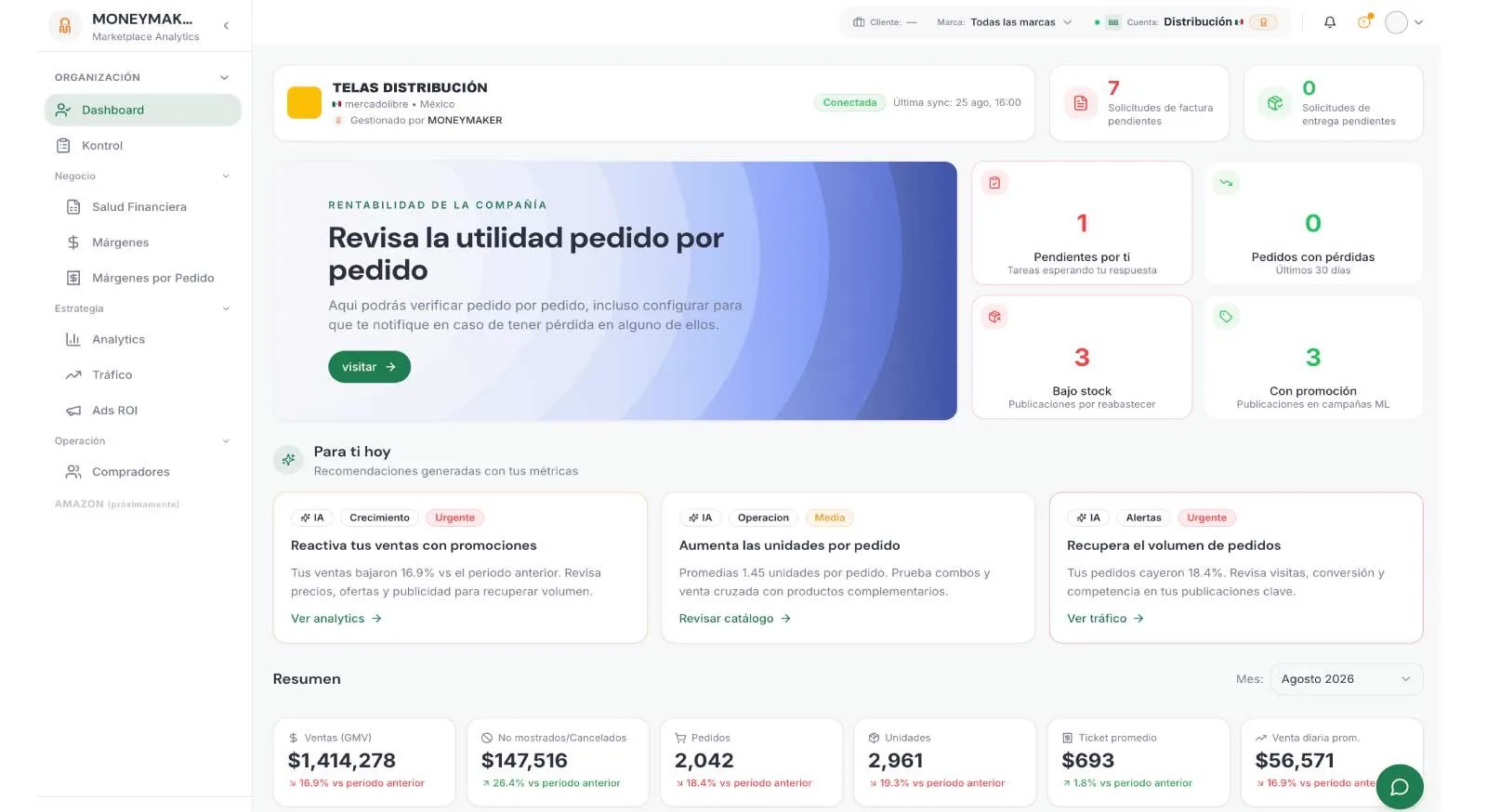 Plataforma de análisis para marketplaces con ventas, visitas e inventario