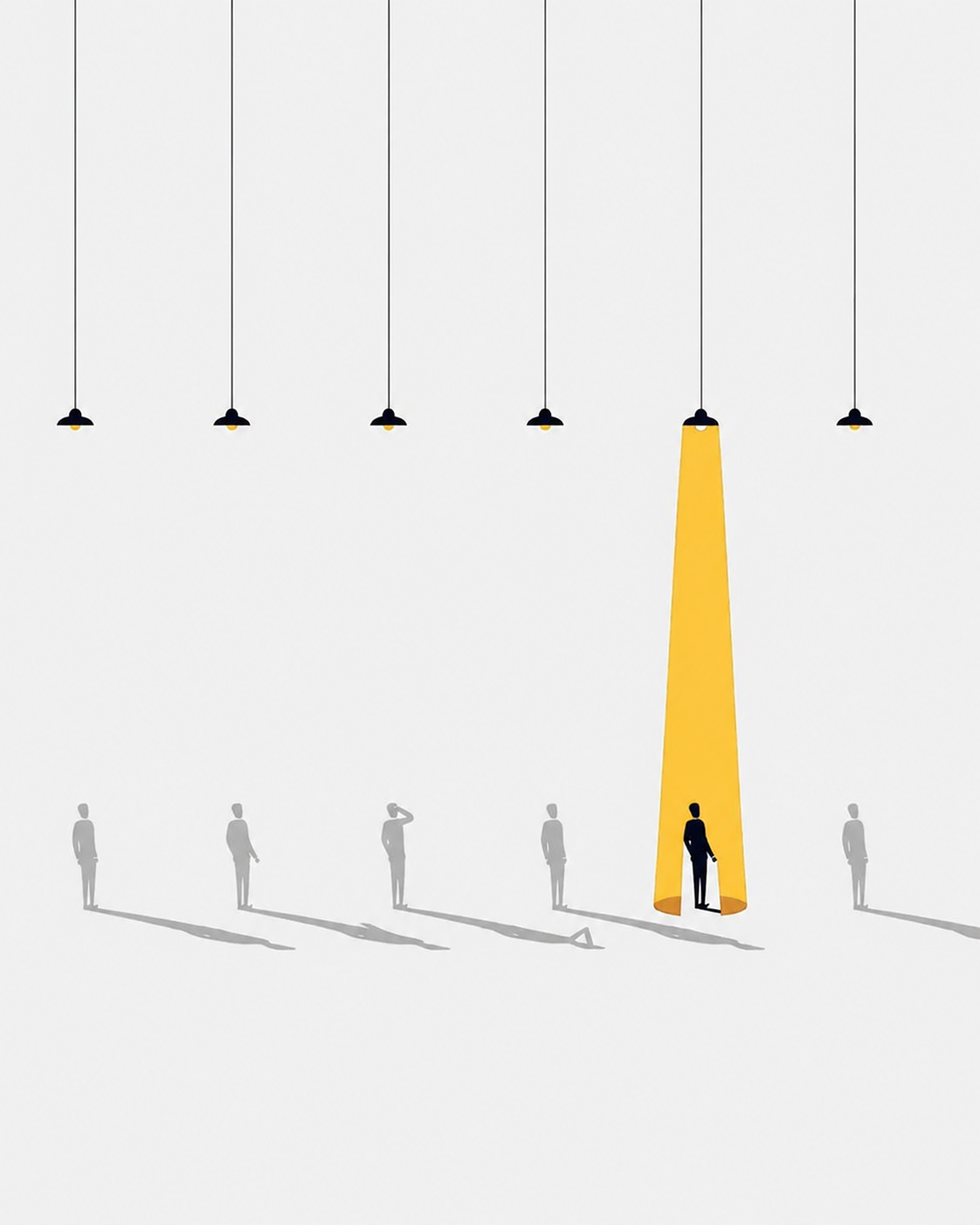 Ilustración de focos colgantes con un foco amarillo iluminando a una persona