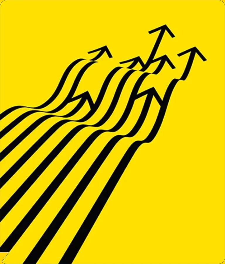 Flechas negras ascendentes sobre fondo amarillo: crecimiento continuo