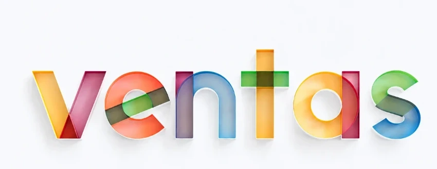 Palabra «ventas» formada con letras translúcidas de colores