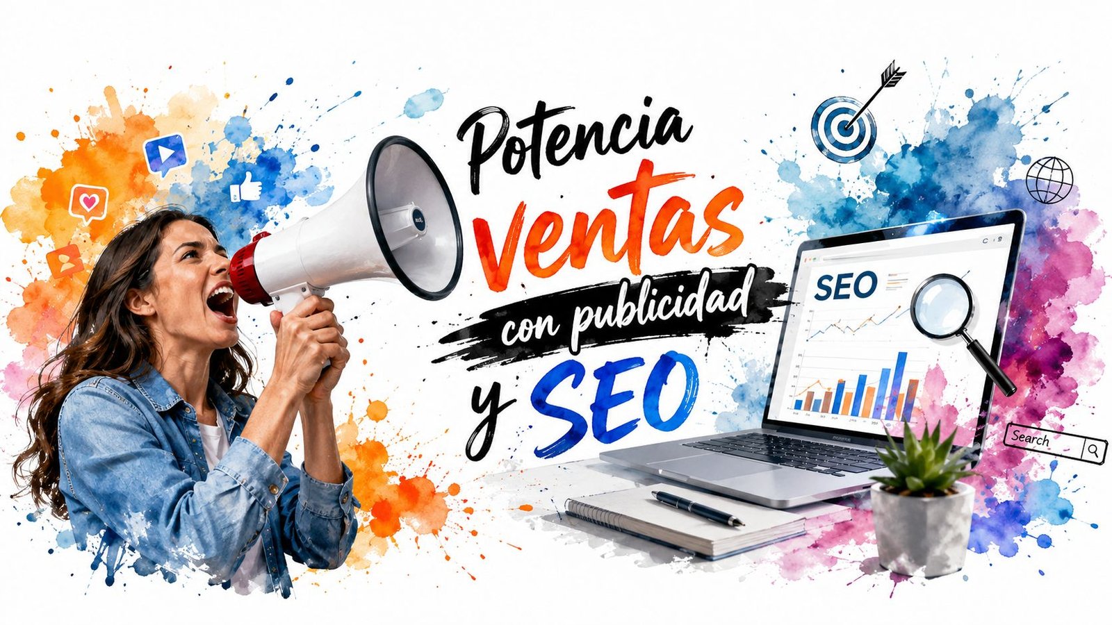 Una mujer gritando por un megáfono frente a una computadora portátil con gráficos de SEO y marketing digital.