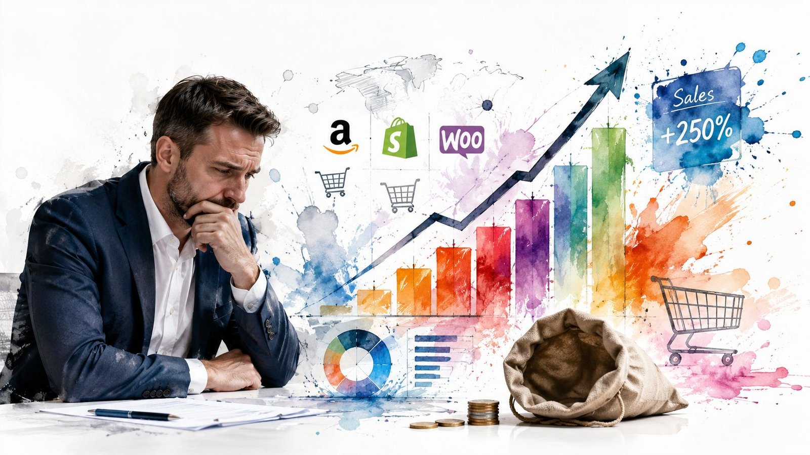 Empresario pensativo junto a gráficos de ventas en crecimiento con logotipos de plataformas de comercio electrónico.