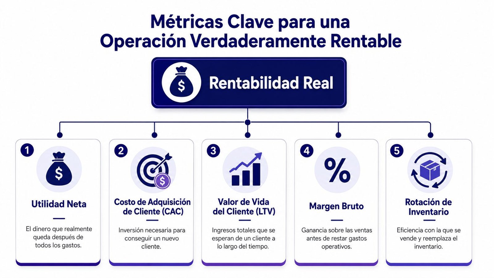 Infografía sobre métricas clave para medir la rentabilidad real en negocios y operaciones comerciales.