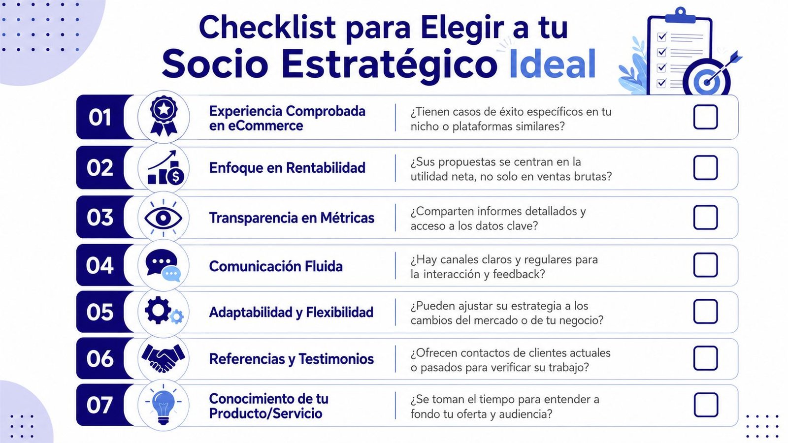Lista de verificación infográfica para elegir el socio estratégico ideal en marketing y consultoría empresarial.