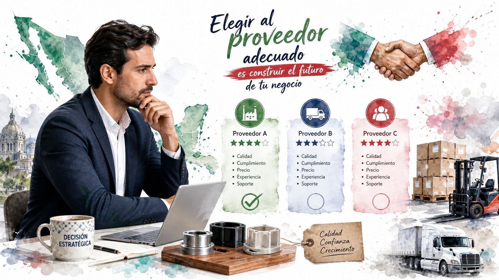 Un empresario analizando proveedores industriales mientras toma una decisión estratégica para el crecimiento de su negocio.