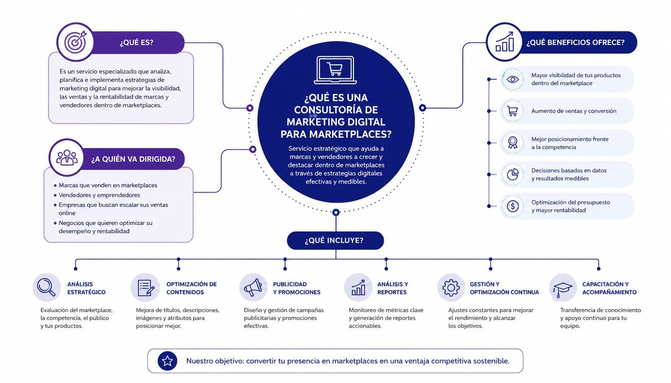 Infografía sobre consultoría de marketing digital para mejorar ventas y rentabilidad en diversas plataformas de marketplaces.