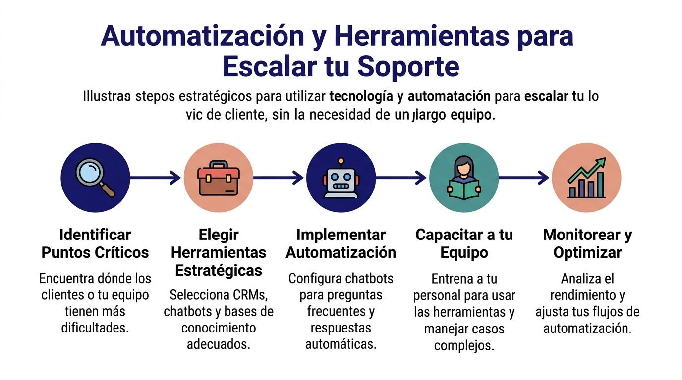 Infografía sobre pasos estratégicos para automatizar y escalar el servicio al cliente de forma eficiente.