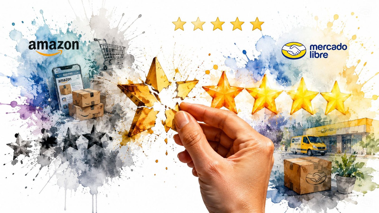 Una mano colocando una pieza faltante en una calificación de cinco estrellas representando optimización del servicio al cliente.