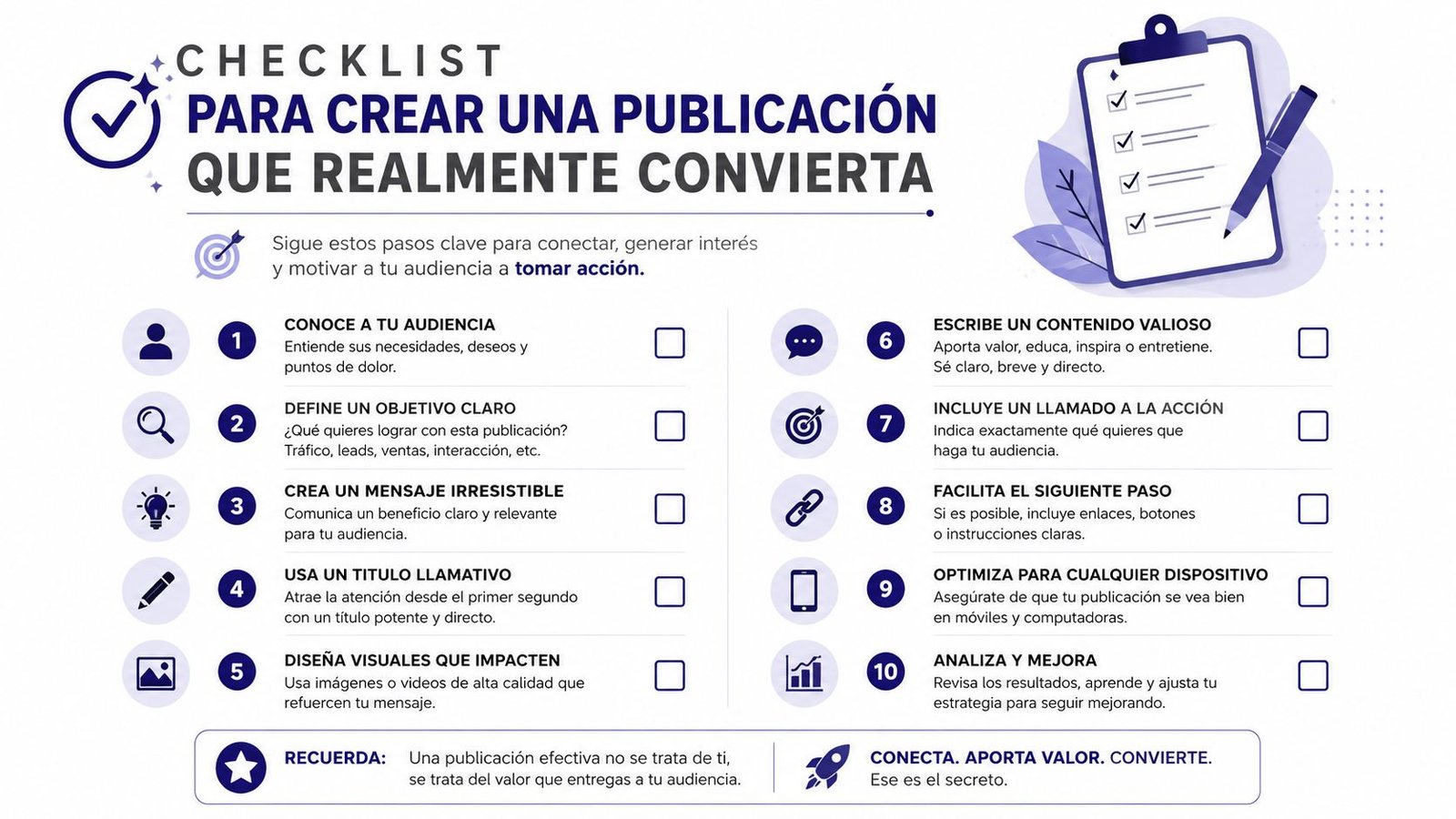 Lista de control para crear publicaciones efectivas en redes sociales diseñadas para convertir clientes potenciales con éxito.