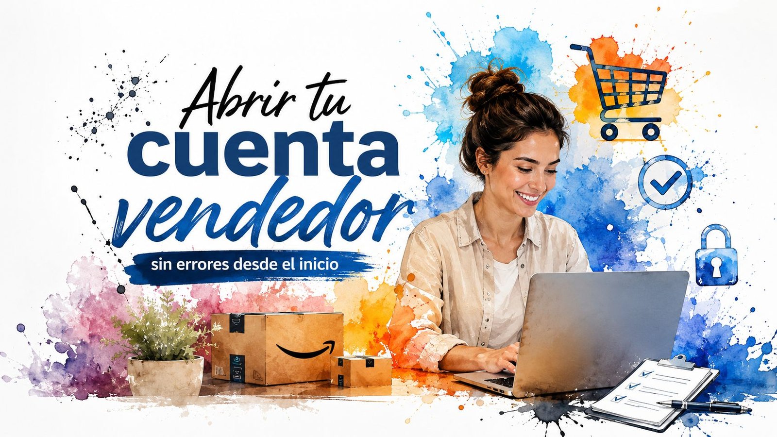 Mujer sonriente trabajando en su computadora portátil junto a cajas de cartón en un entorno de oficina colorido.