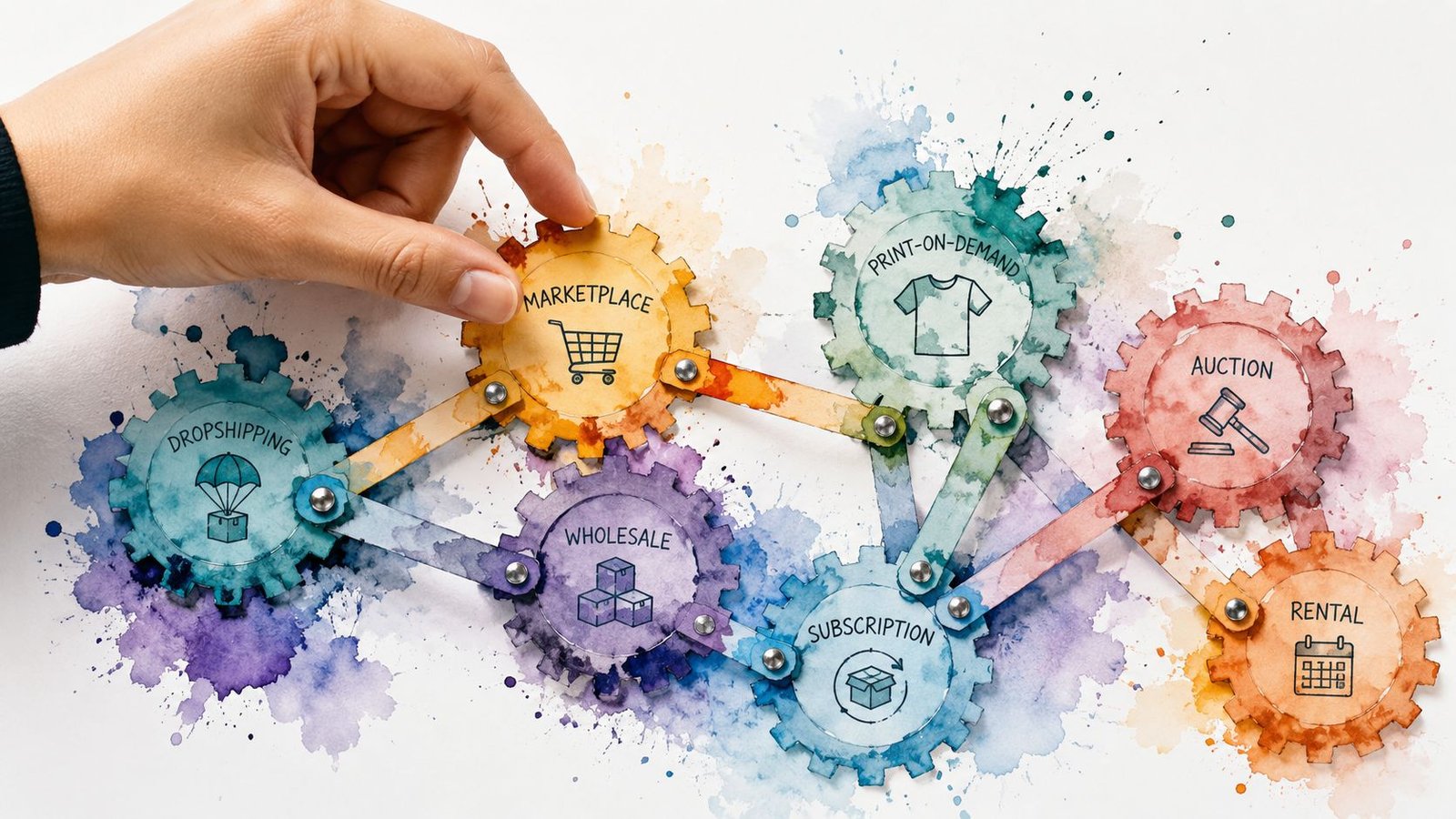 Una mano ajusta un engranaje con el concepto de marketplace en un diagrama de modelos de negocio digitales.