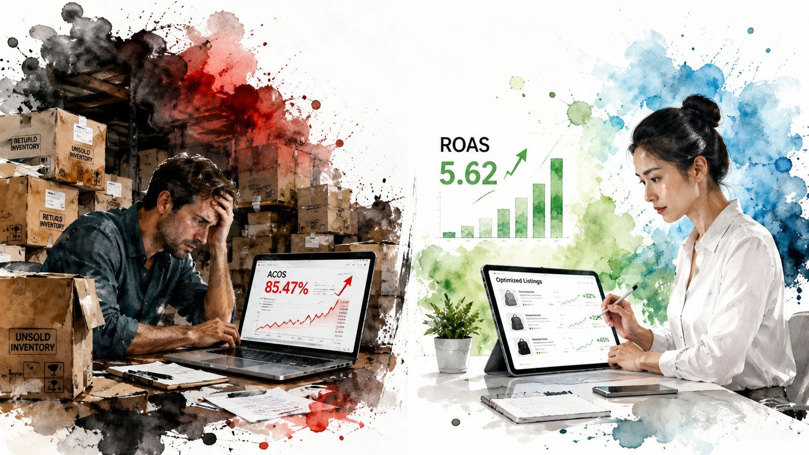 Comparación visual de un vendedor de Amazon estresado con alto costo publicitario frente a una experta optimizando resultados.