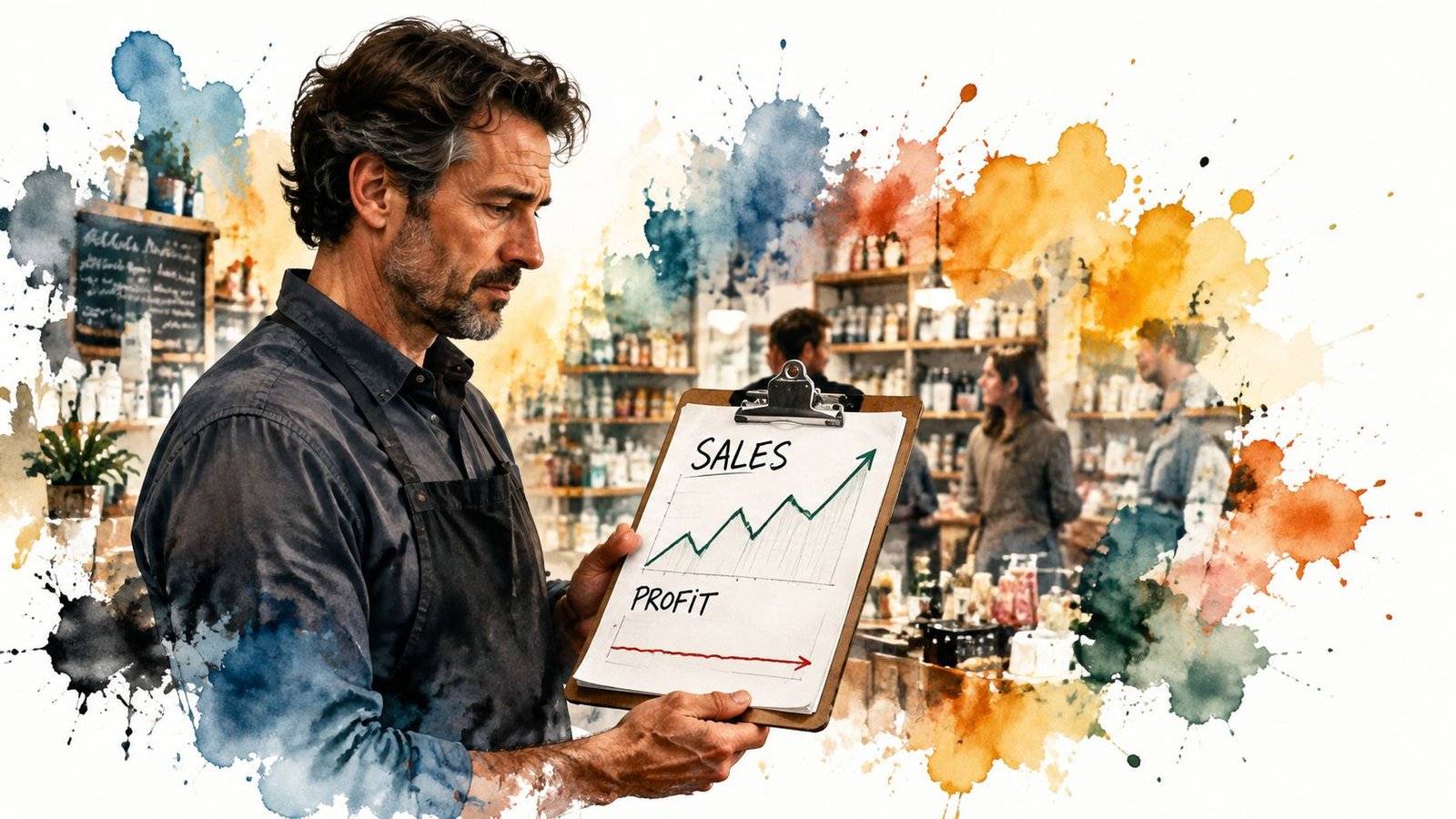 Un hombre con delantal observa con preocupación un portapapeles que muestra ventas crecientes y beneficios decrecientes.