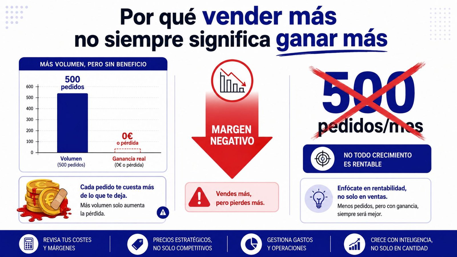 Gráfico que ilustra por qué un mayor volumen de ventas no siempre garantiza mayores beneficios empresariales rentables.