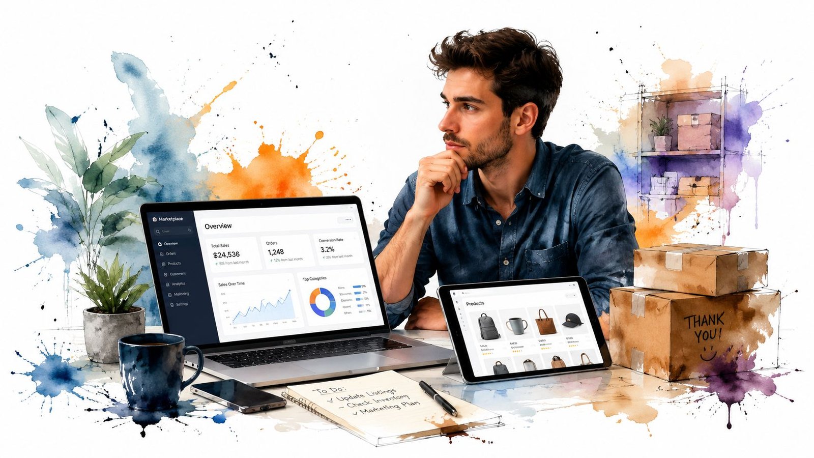 Un emprendedor analiza datos de ventas en su computadora rodeado de paquetes y un cuaderno de notas.