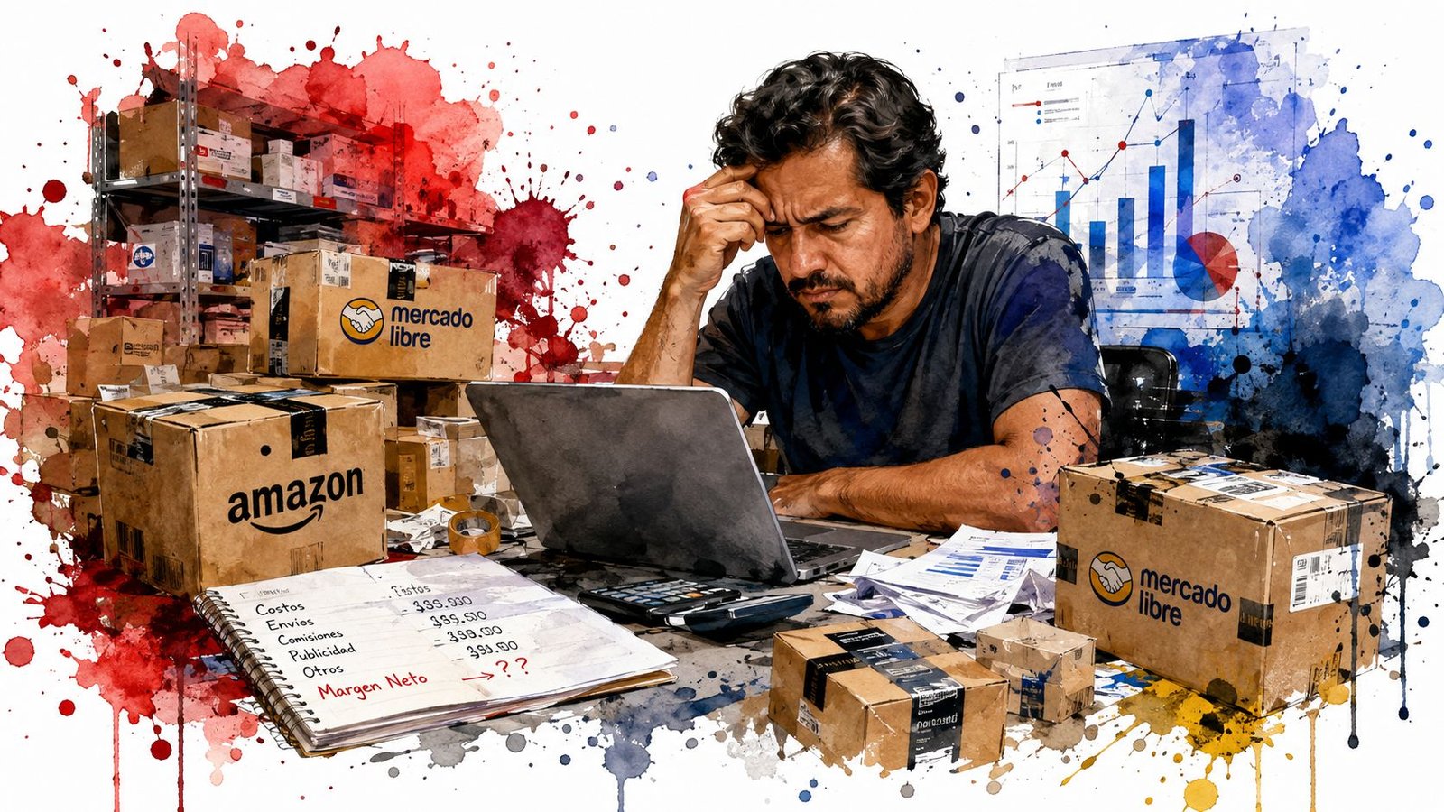 Un emprendedor preocupado revisa sus finanzas y márgenes de ganancia mientras trabaja con cajas de envíos en su escritorio.