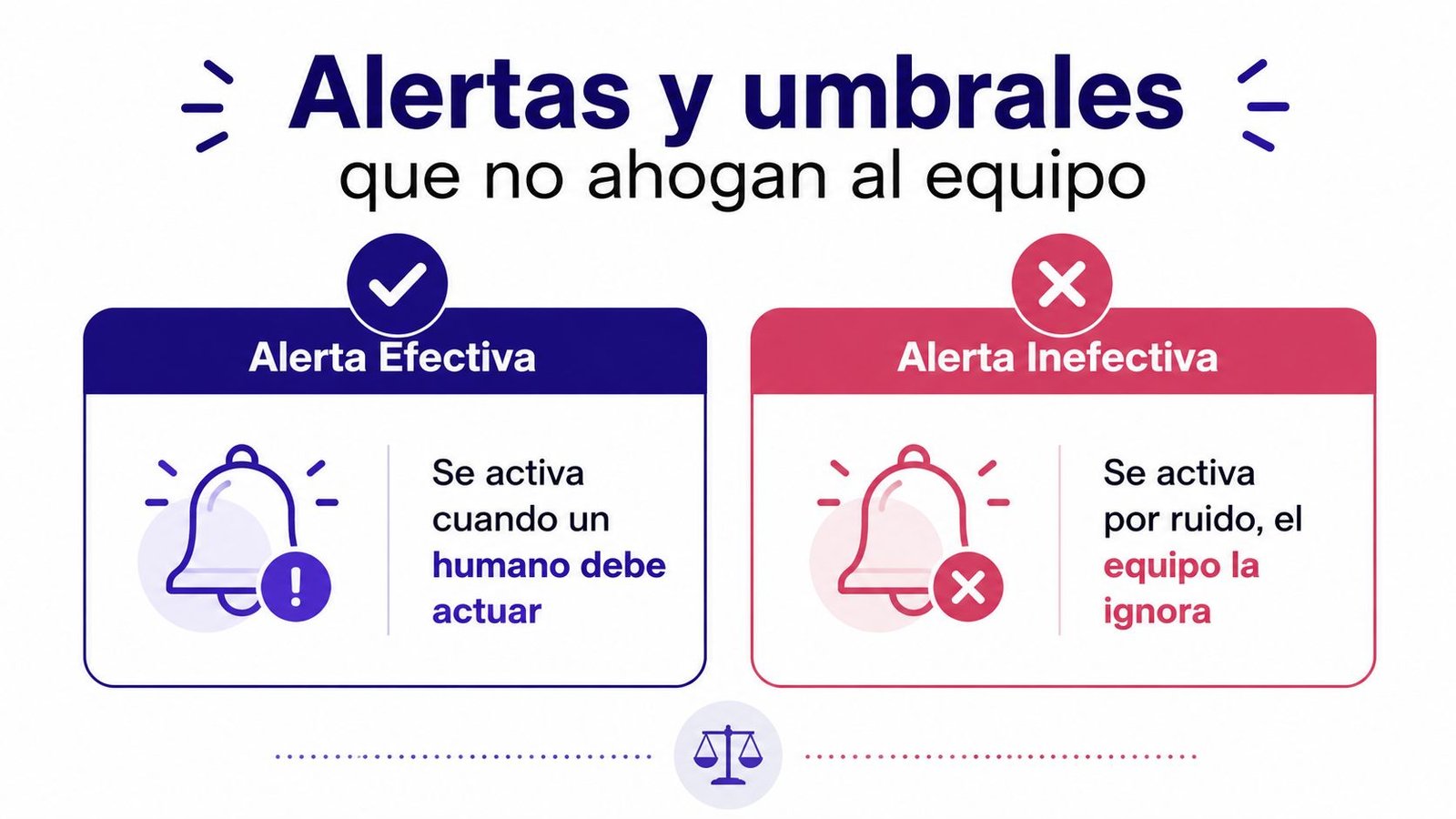 Comparativa gráfica entre alertas efectivas que requieren acción humana y alertas inefectivas que causan ruido innecesario.