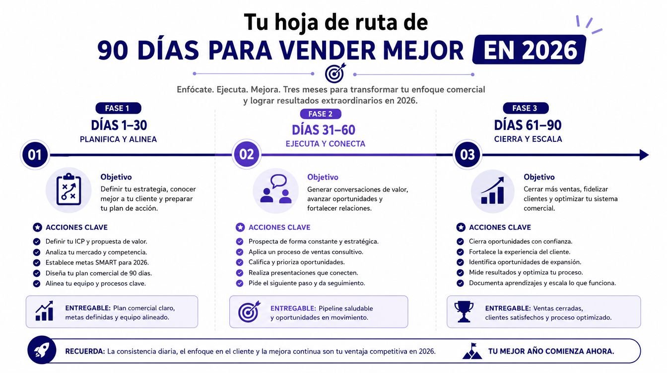 Hoja de ruta estratégica de 90 días con fases de planificación, ejecución y cierre para mejorar ventas.
