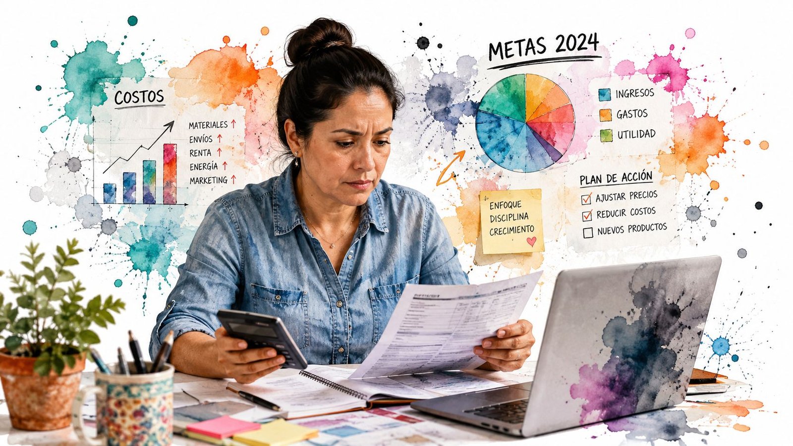 Una mujer analizando sus finanzas y metas 2024 con calculadora y laptop en un escritorio creativo.