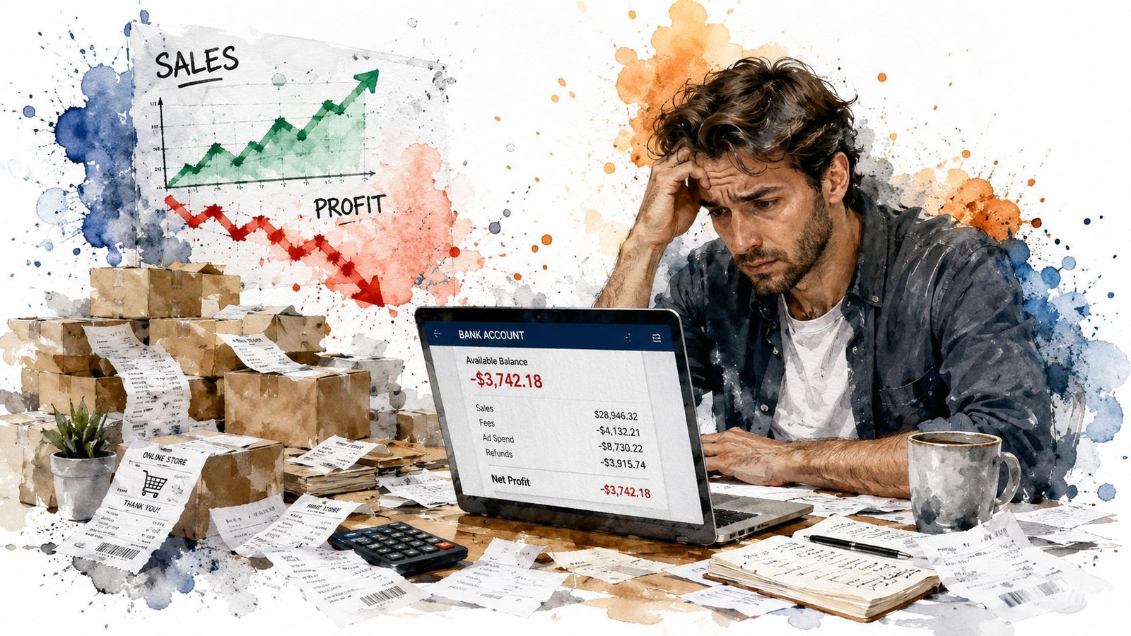 Un emprendedor preocupado revisa sus pérdidas financieras en una computadora rodeado de cajas y recibos desordenados.
