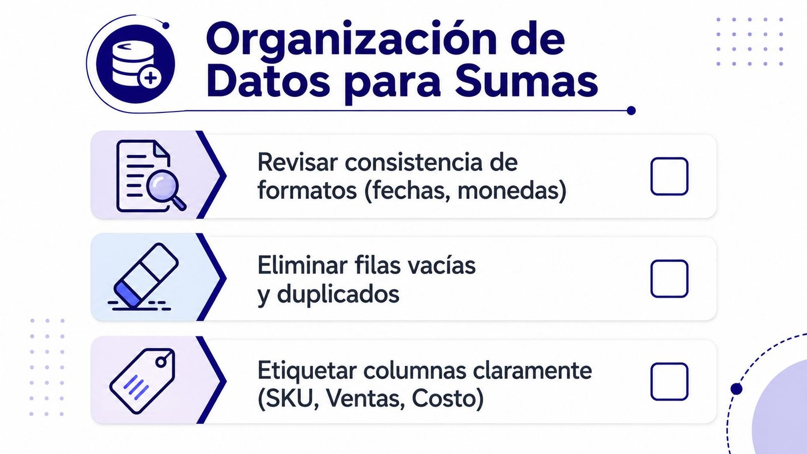Lista de verificación para organizar datos antes de realizar sumas en hojas de cálculo o bases de datos.