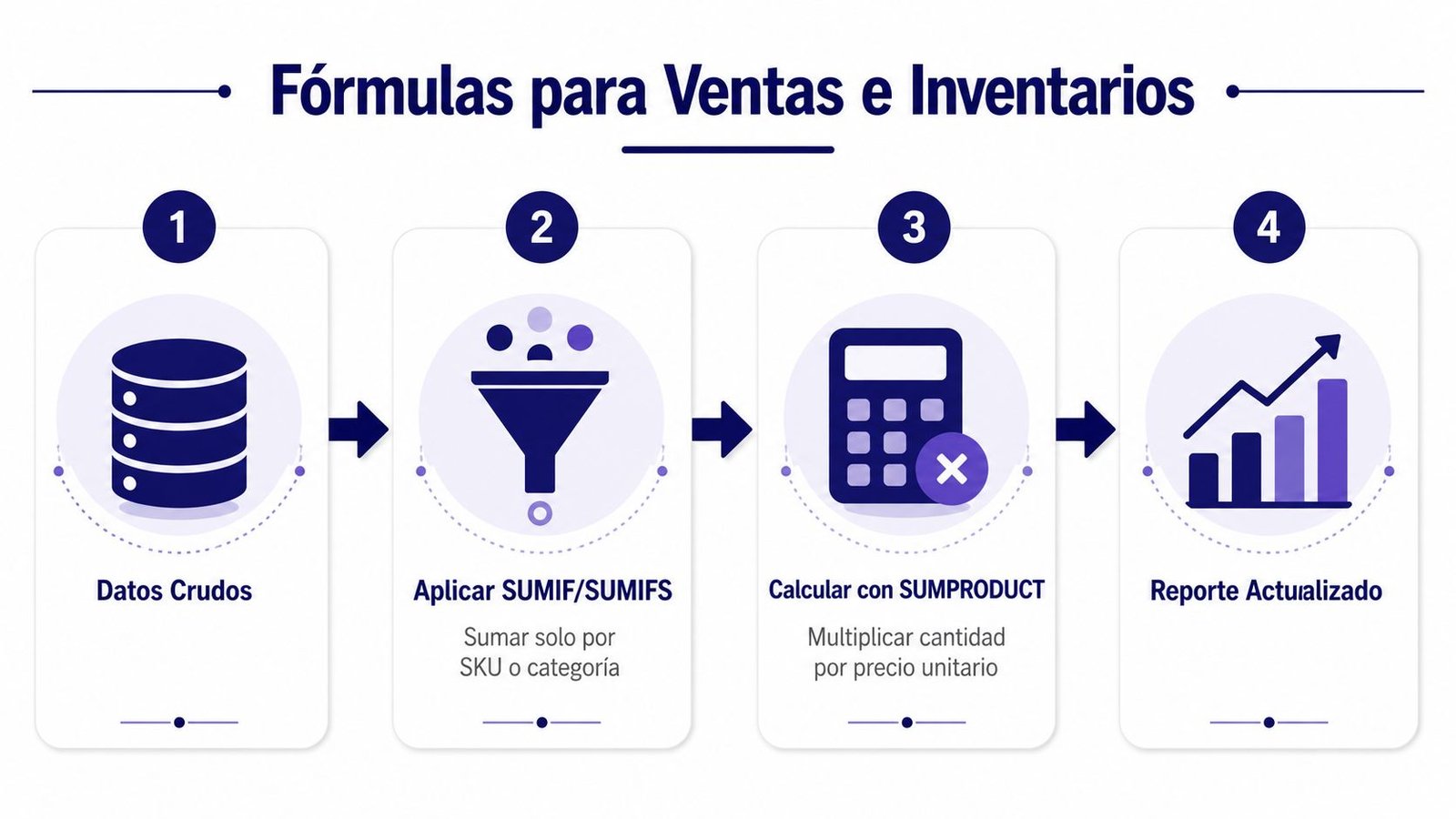 Diagrama de cuatro pasos para gestionar ventas e inventarios usando fórmulas de Excel como SUMAR.SI y SUMAPRODUCTO.