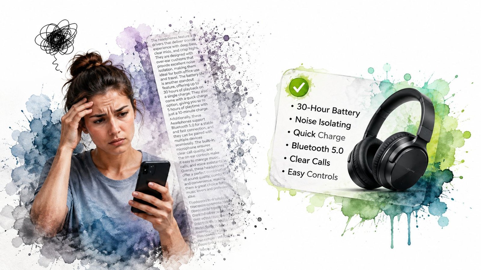 Una mujer confundida mira su teléfono móvil junto a una descripción de auriculares modernos con sus características principales.