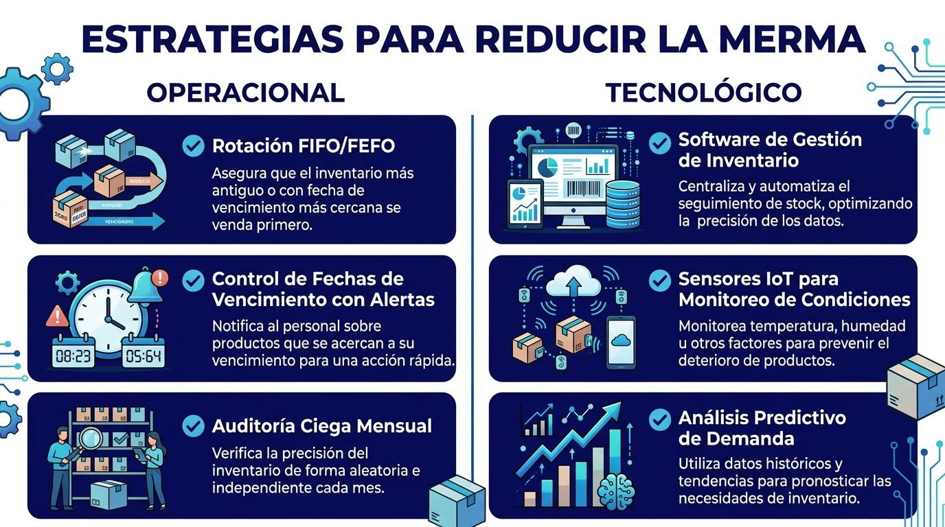 Infografía sobre estrategias operativas y tecnológicas para reducir la merma de productos en inventarios empresariales.