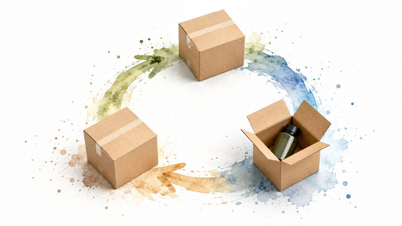 Representación visual de economía circular con cajas de cartón y un envase dentro de un ciclo.