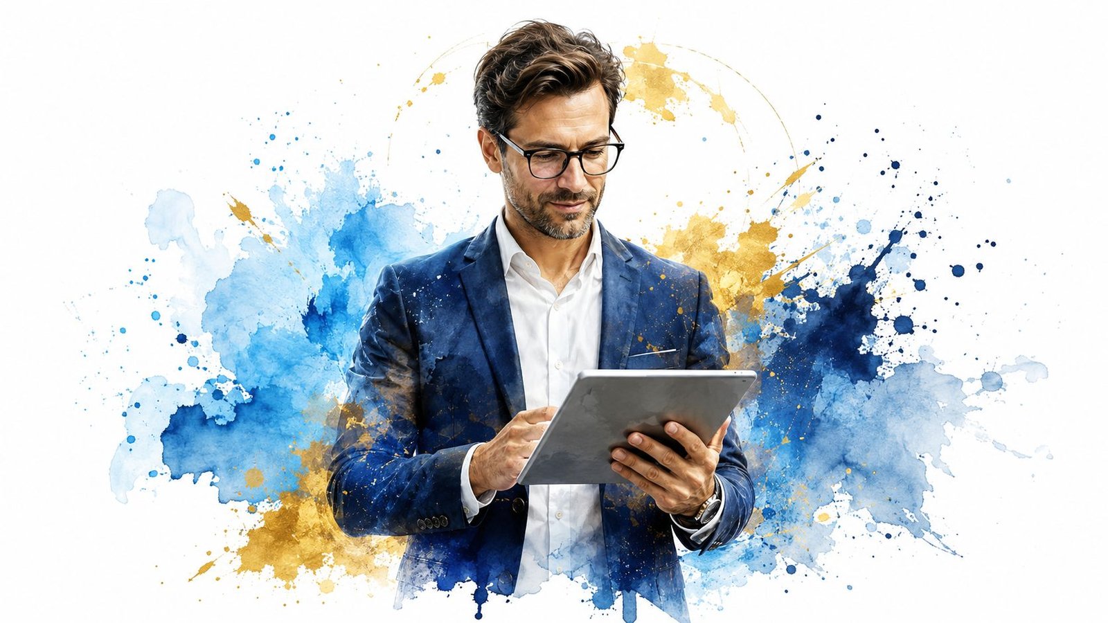 Hombre de negocios profesional mirando una tableta digital sobre un fondo artístico con salpicaduras de acuarela azules y doradas