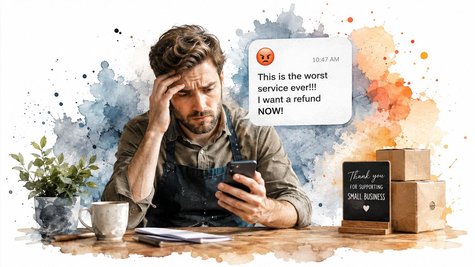 Empresario estresado mirando un mensaje de queja en su teléfono móvil sobre un servicio de ventas online.