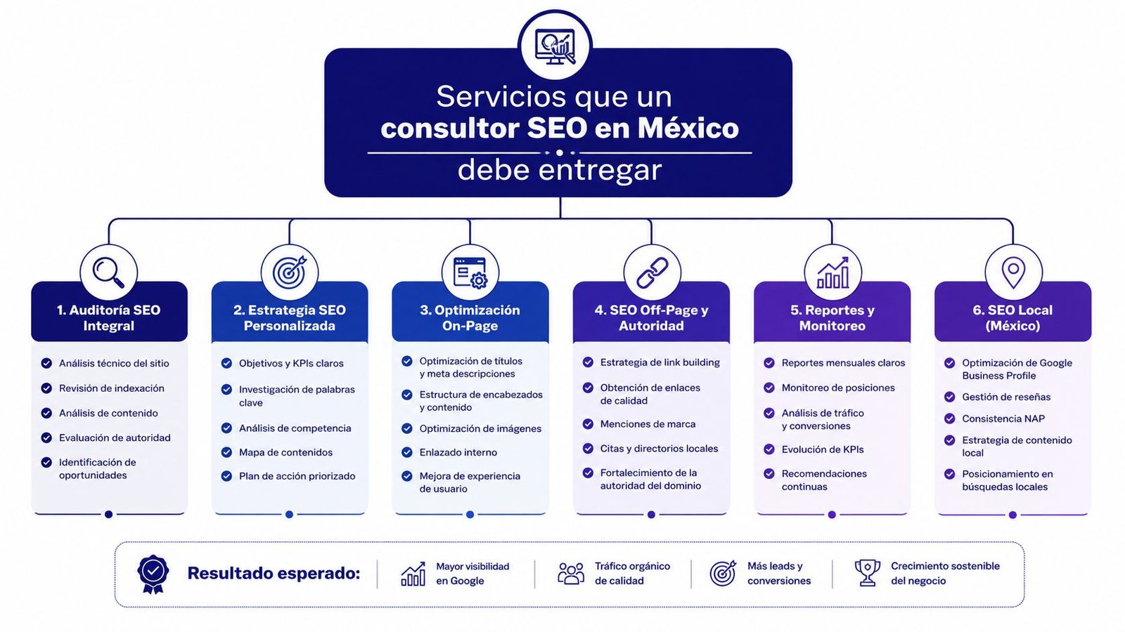 Infografía sobre los servicios esenciales que un consultor SEO en México debe entregar a sus clientes.
