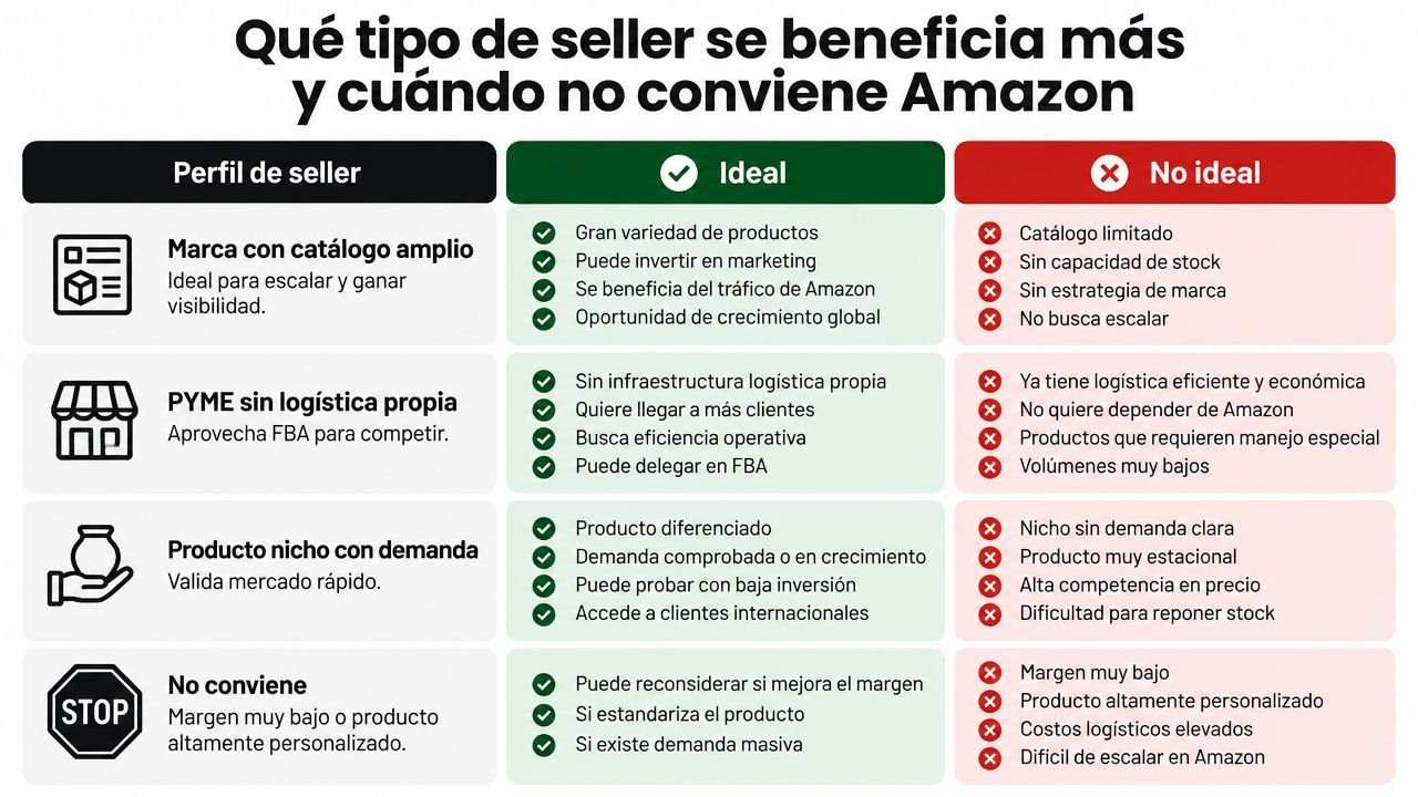Tabla comparativa sobre qué tipo de vendedores se benefician al utilizar la plataforma Amazon para vender productos.