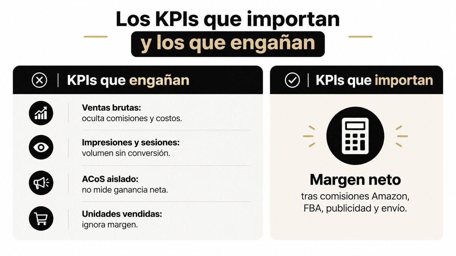 Comparativa entre KPIs engañosos y KPIs fundamentales para medir la rentabilidad real en ventas de Amazon.