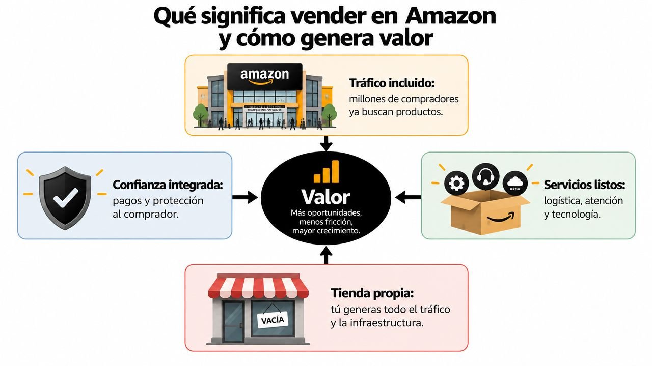 Diagrama comparativo sobre cómo vender en Amazon genera valor frente a tener tu propia tienda online.