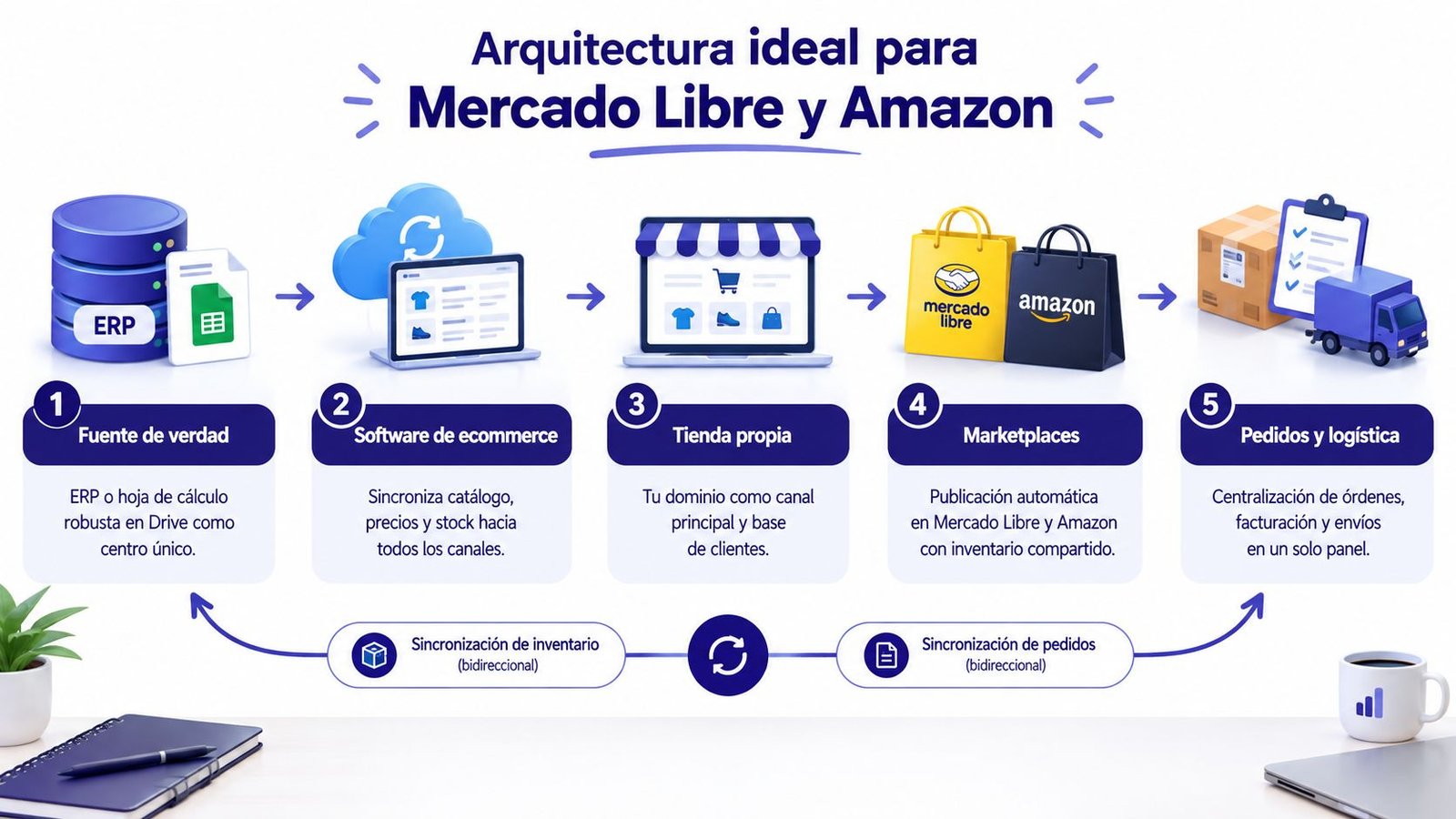 Diagrama que ilustra la arquitectura ideal para sincronizar inventarios y ventas entre ERP, tienda propia y marketplaces.
