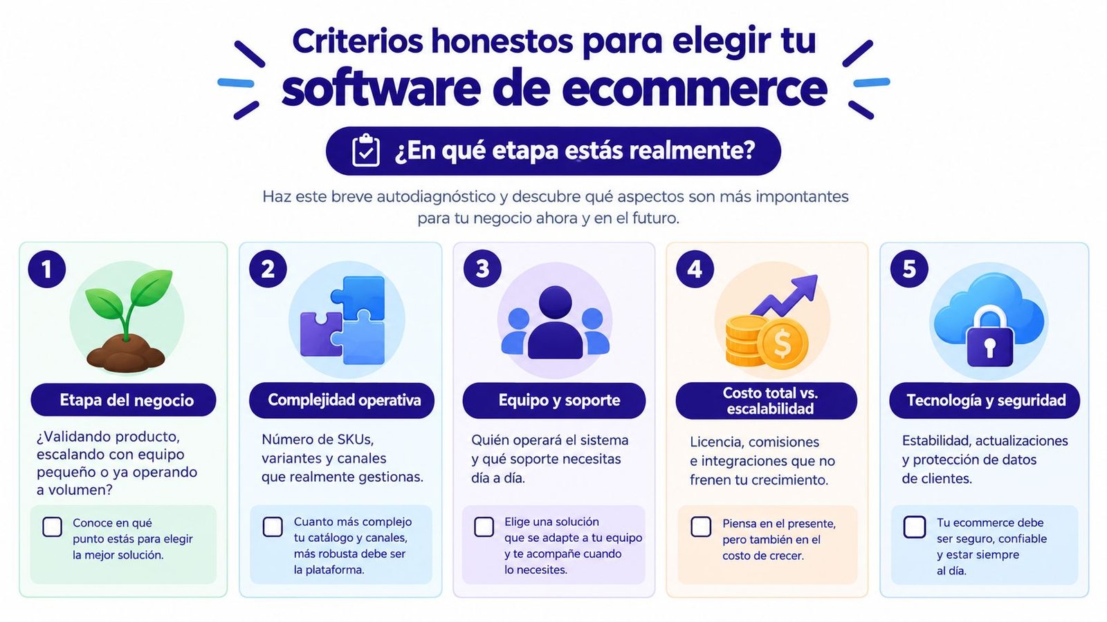 Infografía con cinco criterios clave para elegir el software de ecommerce adecuado para tu negocio.