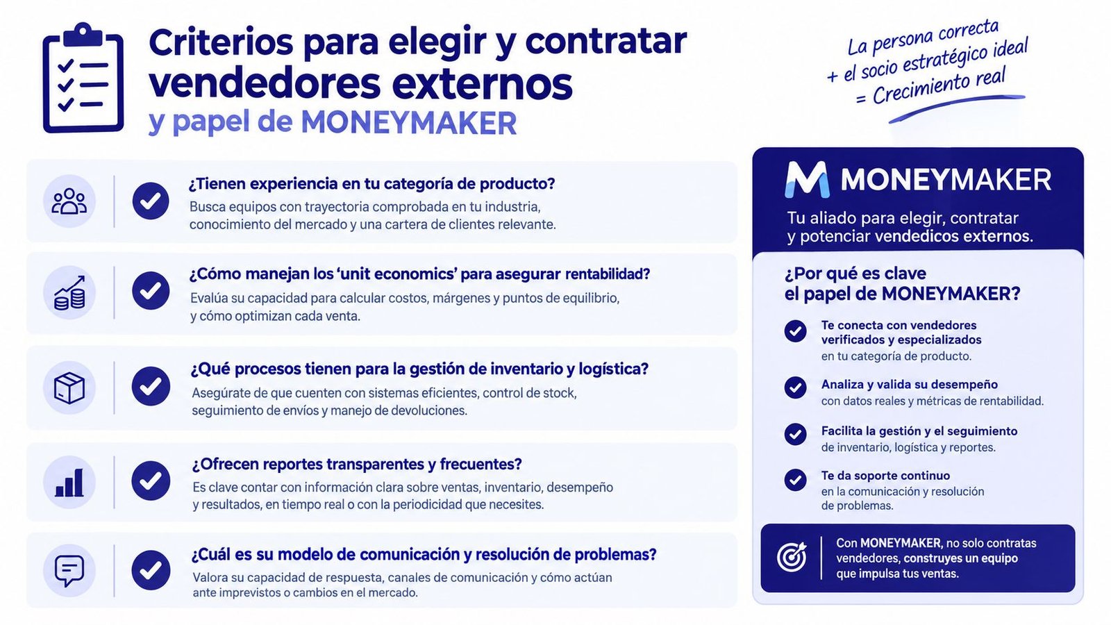 Infografía sobre criterios para contratar vendedores externos exitosos y el rol de la plataforma MONEYMAKER.