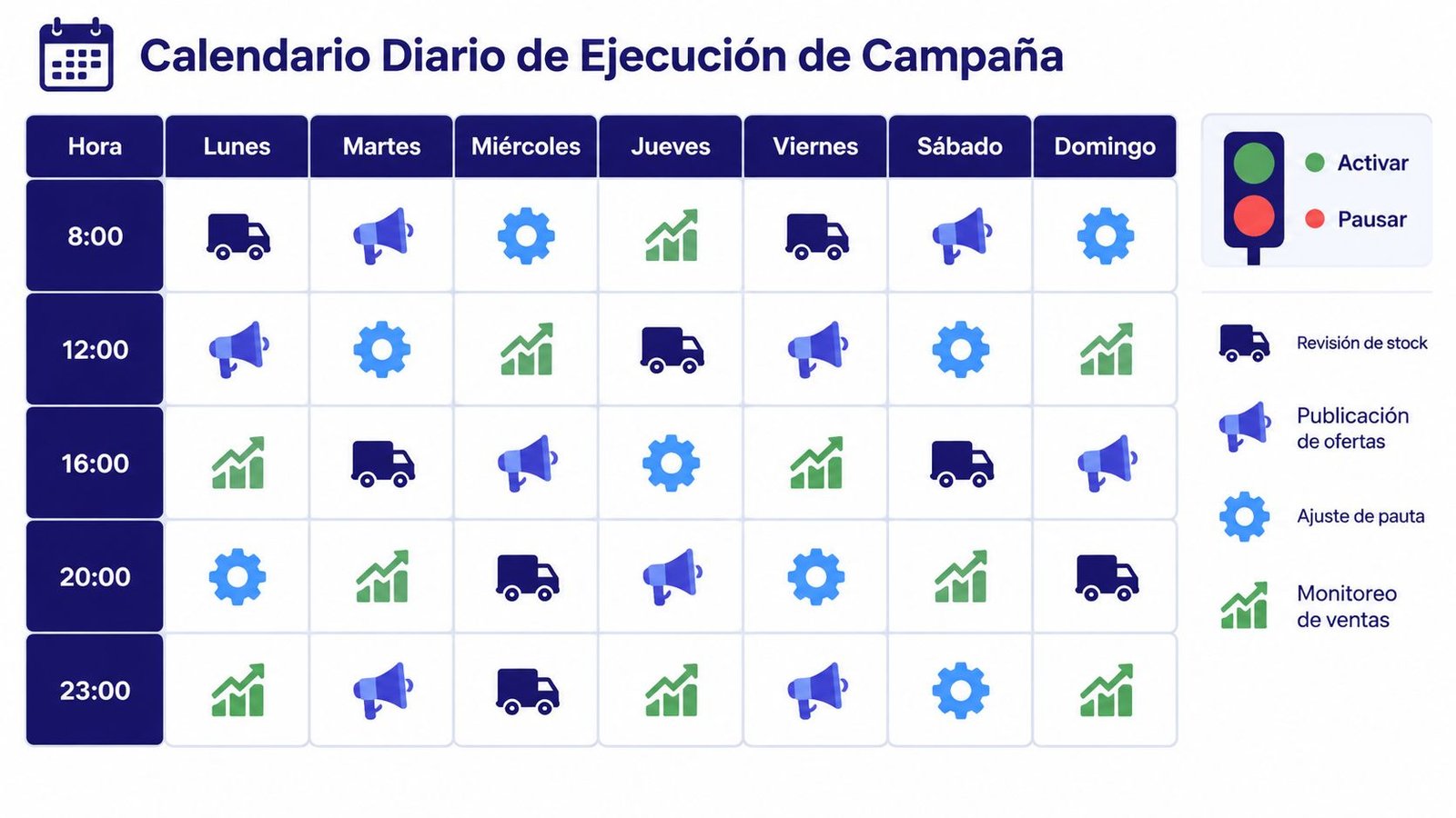 Calendario semanal de ejecución de campañas con íconos que representan tareas de logística, marketing y ventas.