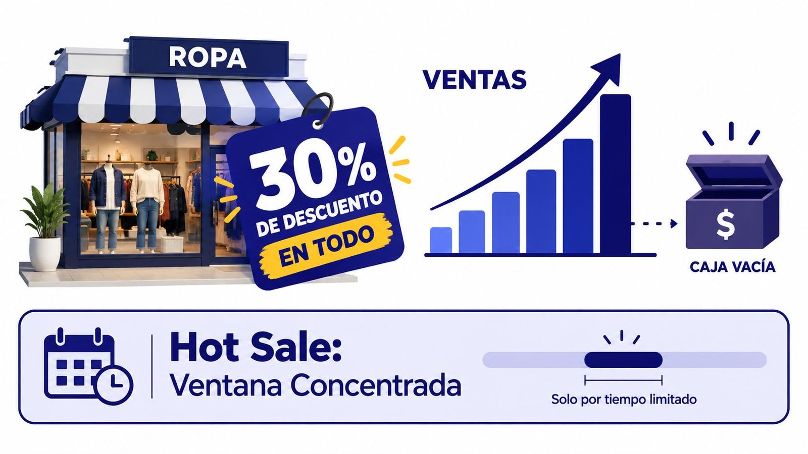 Gráfico que ilustra un aumento de ventas durante un evento de Hot Sale con descuentos especiales.