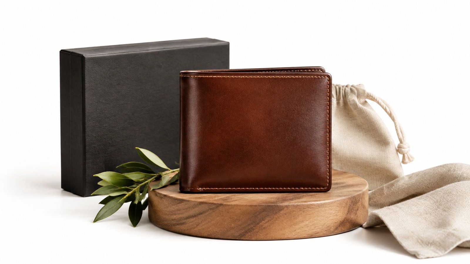 Una cartera de cuero marrón elegante sobre una base de madera junto a una caja de regalo