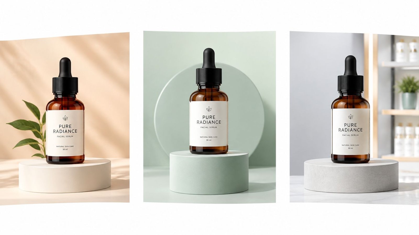 Tres botellas de suero facial Pure Radiance sobre pedestales en diferentes entornos naturales y elegantes para exhibición.
