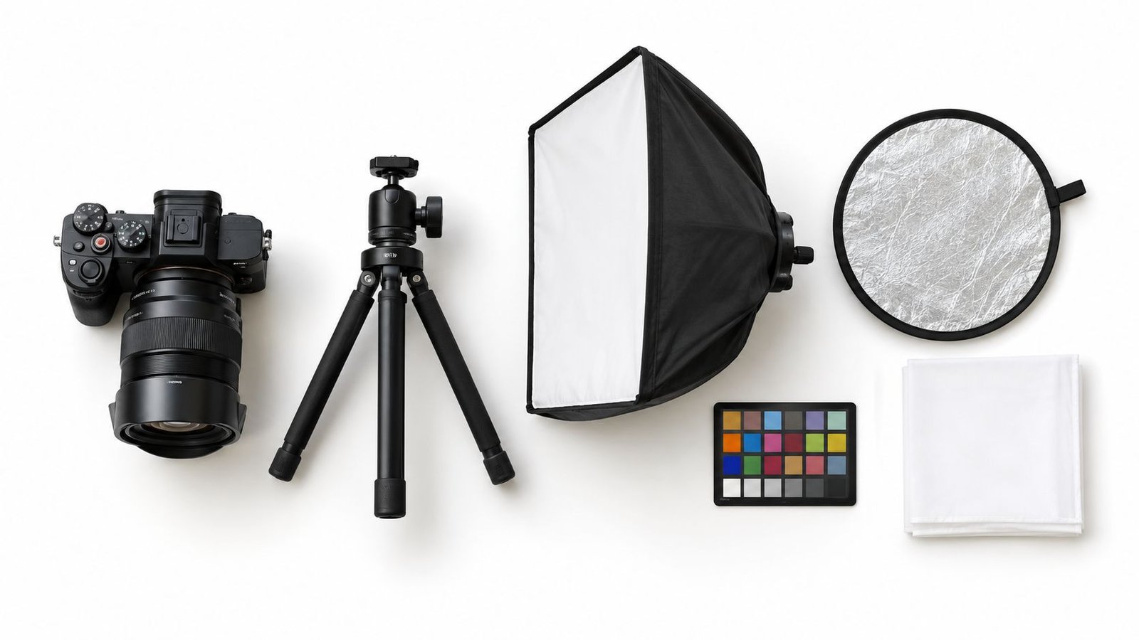 Equipo fotográfico profesional que incluye cámara, trípode, caja de luz, reflector y carta de colores sobre fondo blanco.