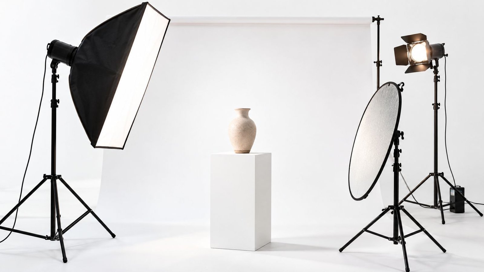 Un jarrón de cerámica posado sobre un pedestal blanco en un estudio fotográfico con equipo de iluminación.
