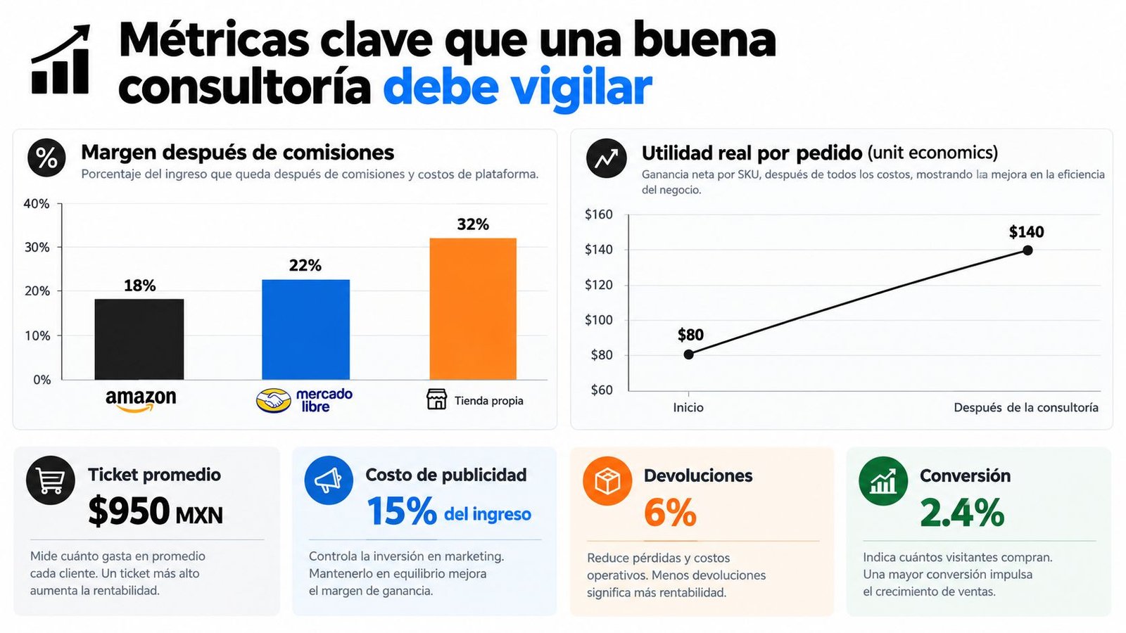 Gráfico que muestra métricas clave de comercio electrónico para una consultoría, incluyendo márgenes, utilidades y tasas de conversión.