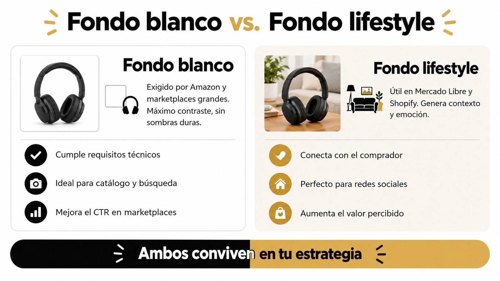 Comparativa visual entre fotografía de producto con fondo blanco y fotografía tipo lifestyle para comercio electrónico.