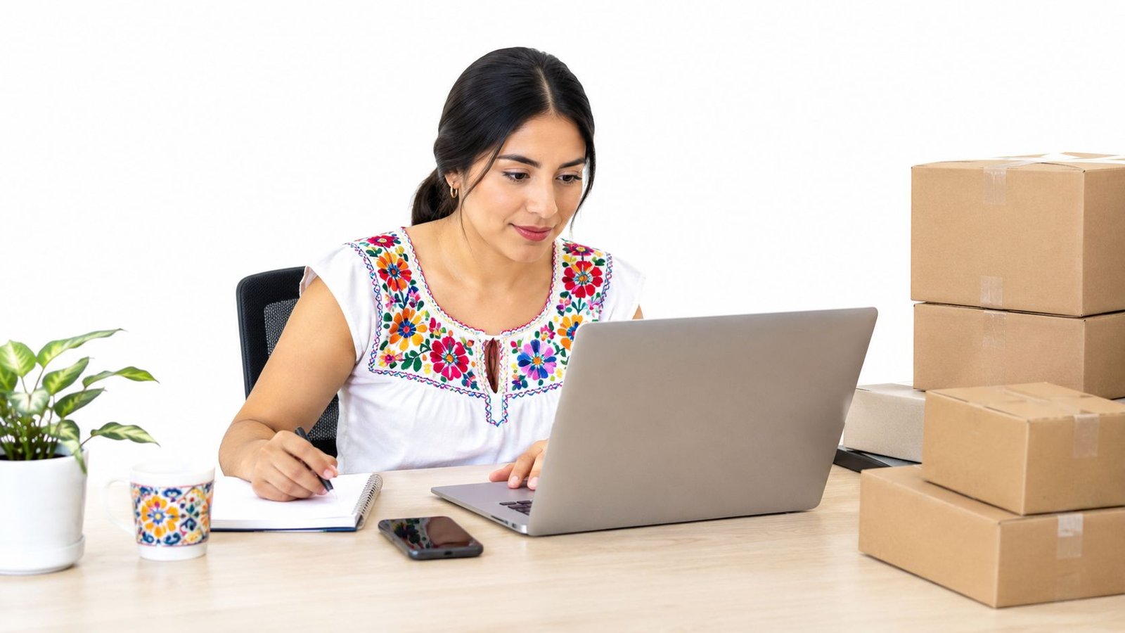 Una emprendedora trabaja en su computadora portátil mientras organiza envíos de Mercado Libre desde su oficina.