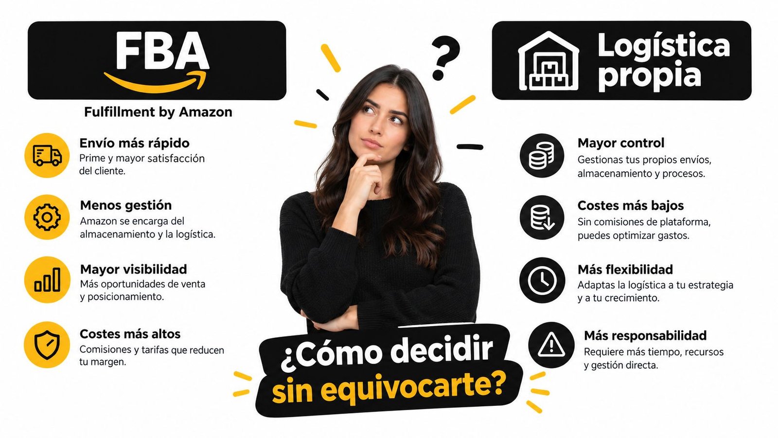 Comparativa visual entre usar FBA de Amazon o realizar la logística propia para vender productos online.