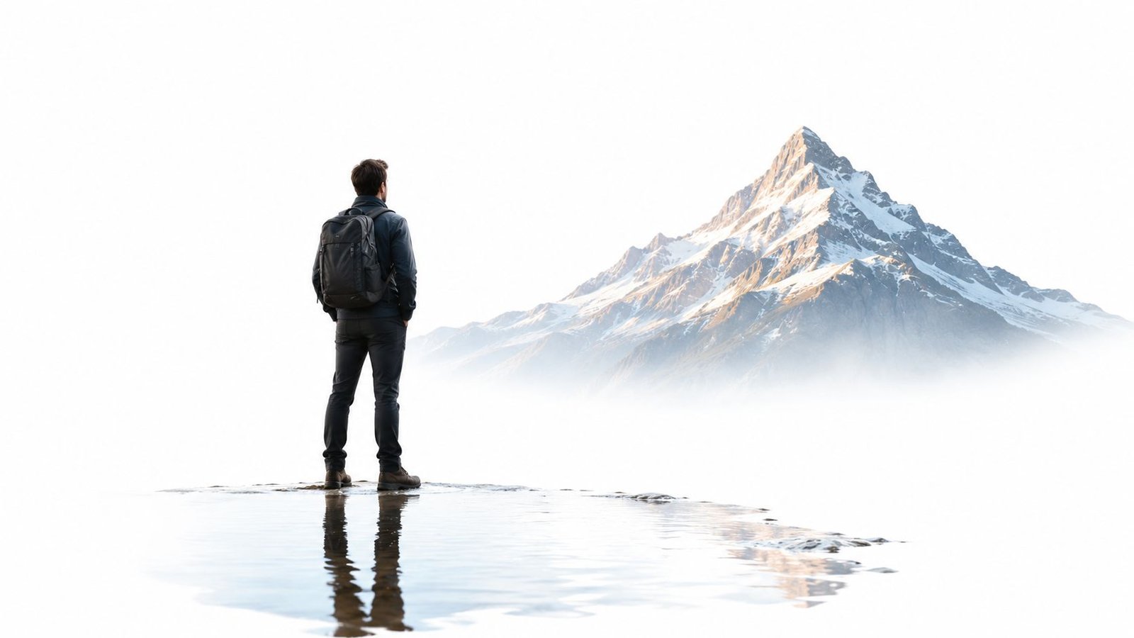 Un senderista con mochila contempla una gran montaña nevada desde una plataforma rodeada de niebla y agua.