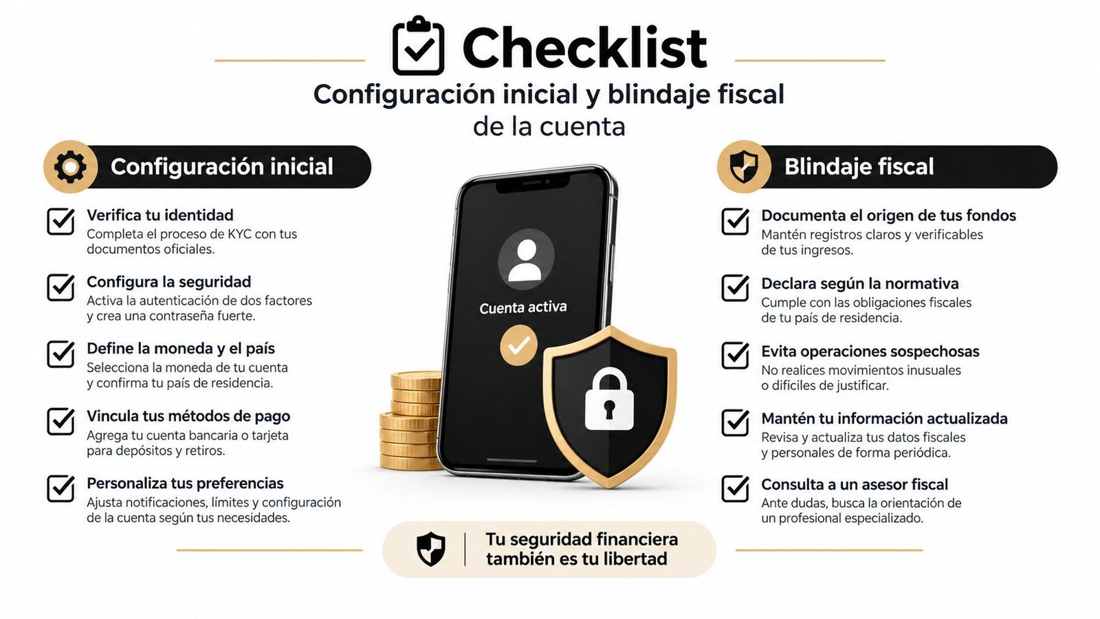 Lista de verificación para la configuración inicial de una cuenta digital y su correspondiente blindaje fiscal.